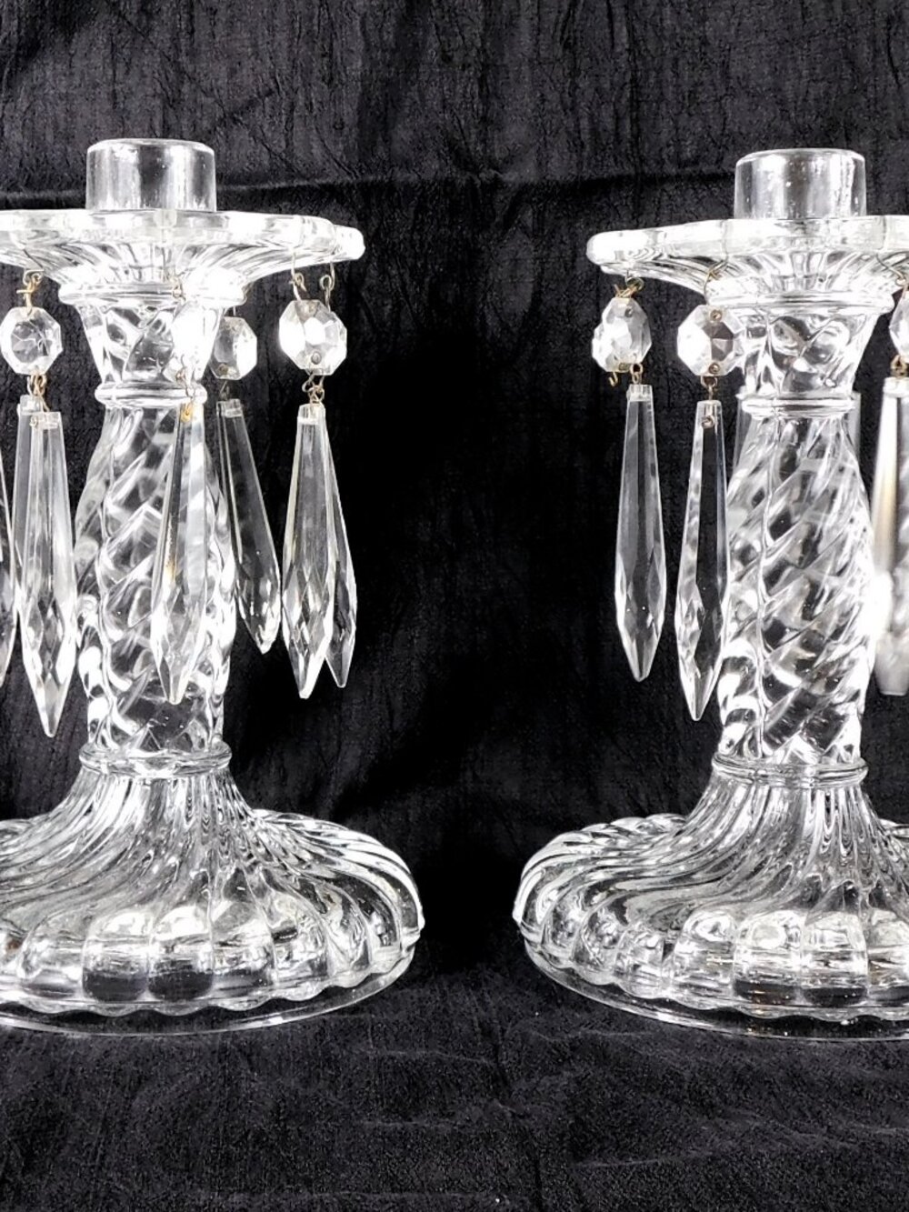 Fostoria Set of Two Lusters Candlesticks with Crystal Prisms in Colony # 27251